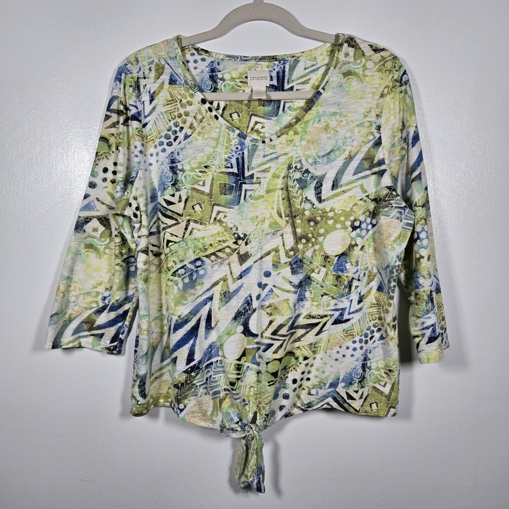 Chico's Abstract Aztec Print 3/4 Sleeve V-Neck Tie Front Top Size Large